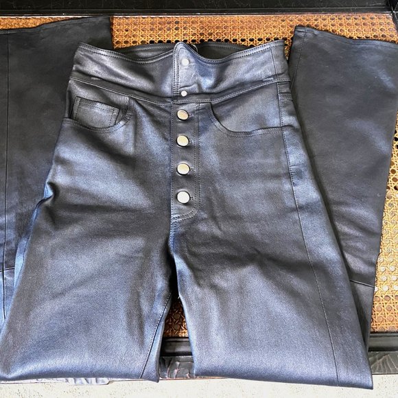 AMIRI BLACK NAPPA LEATHER STRETCH HIGH RISE STRAIGHT LEG PANTS SIZE: 2 (XS)